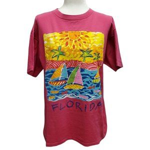 Vtg Florida Graphic T-Shirt Pink Size Large Single Stitch Tropical USA Made 1996